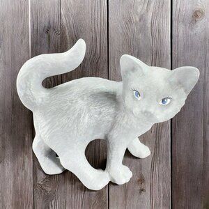 Hand Painted Ceramic Kitty Cat Figurine Gray With Big Eyes Blue Big Eyelashes